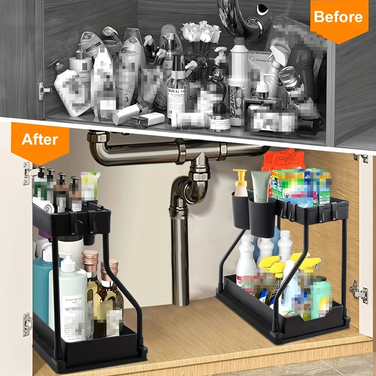 1Pc Under Sink 2 Tier Sliding Cabinet Basket Organizer Drawer Pull Out Cabinet Multi-Purpose Sink Organizer for Bathroom Kitchen