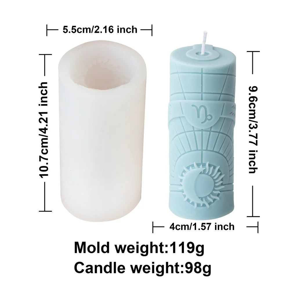 Zodiac Pillar Candle Mold DIY Twelve Constellation Tall Cylindrical Sun Luna Moon Pattern Silicone Mold Astrological Sign Decor