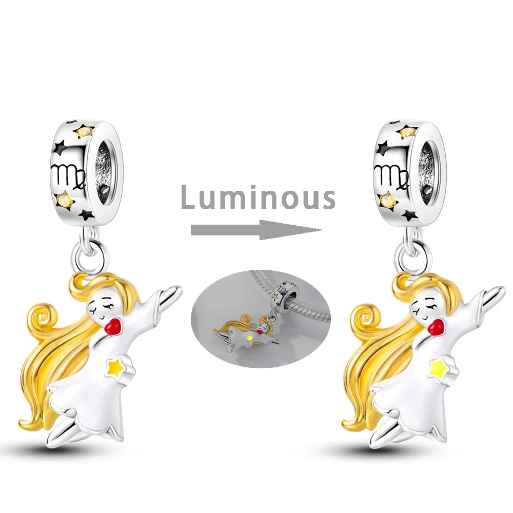 Zodiac Signs Original Charms 925 Sterling Silver Glow in Dark Pendants Beads Fit Bracelet DIY Jewelry Birthday Gift for Women