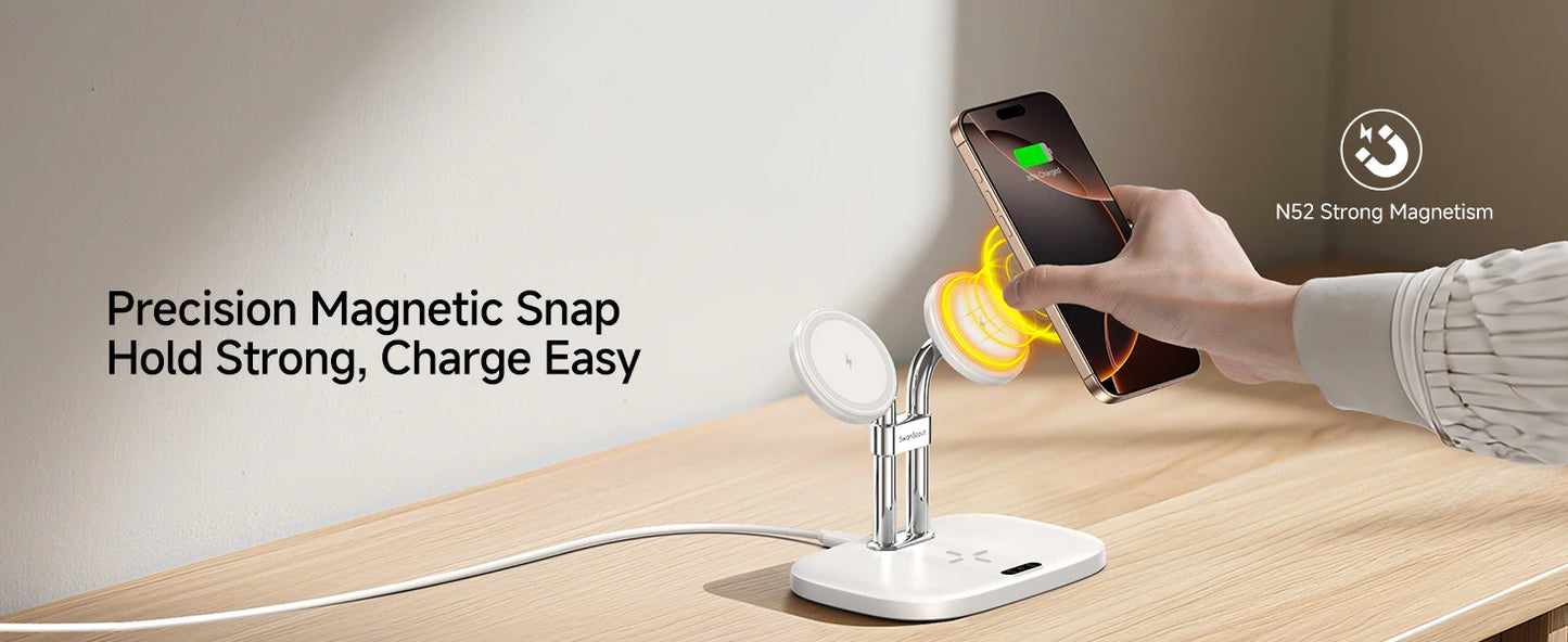 SwanScout 706M 3 In 1 Dual Magnetic Charging Station for iPhone 17 Pro Max 16 15 14 13 Wireless Charger for AirPods 4 3 Pro 3 2