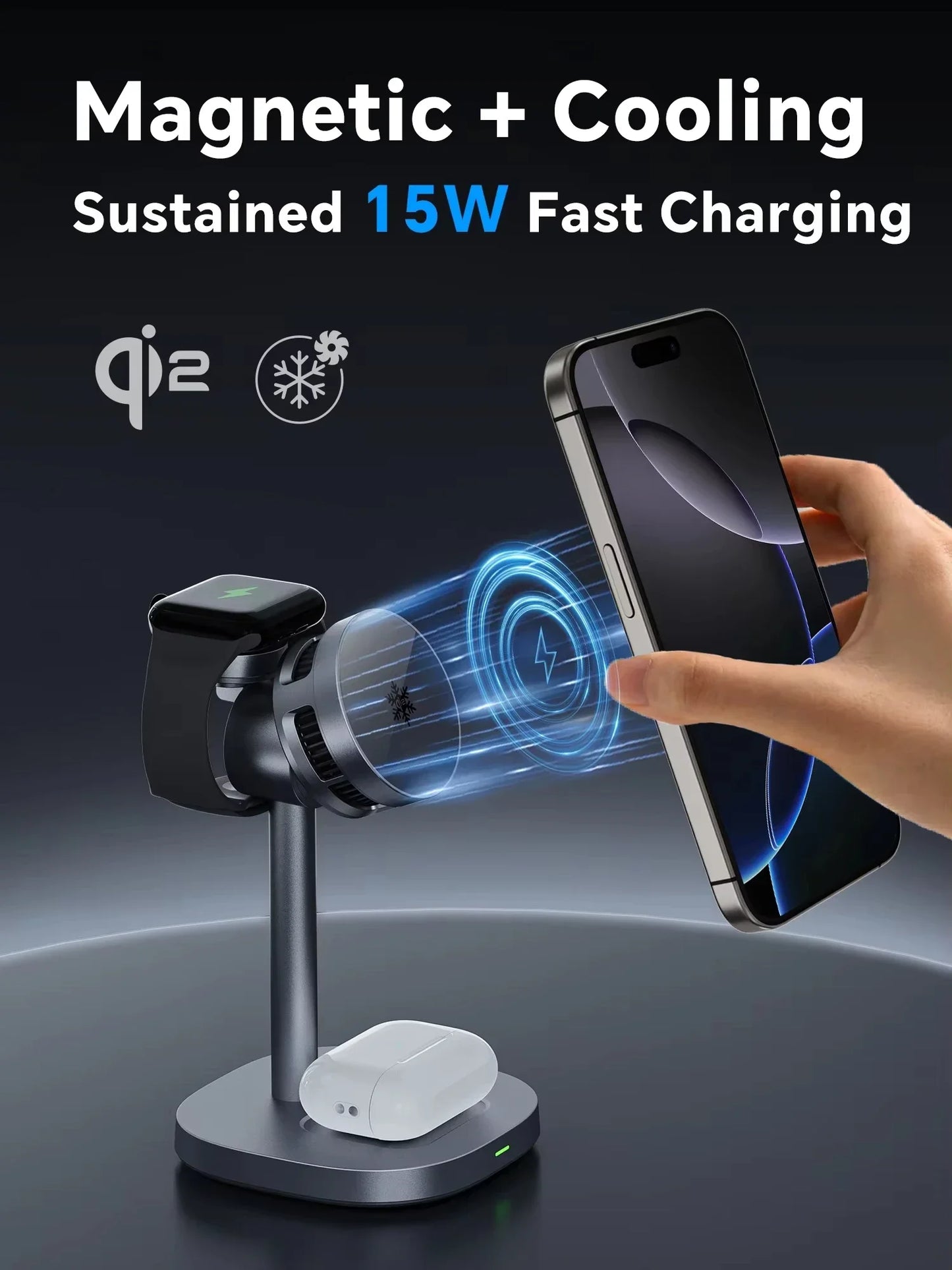TEC Cooling Qi2 3 in 1 Magnetic Wireless Charger Stand 15W Fast Charging for Iphone 16 15 14pro Max, Airpods,iwatch Series