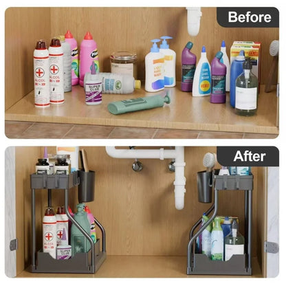 1Pc Under Sink 2 Tier Sliding Cabinet Basket Organizer Drawer Pull Out Cabinet Multi-Purpose Sink Organizer for Bathroom Kitchen