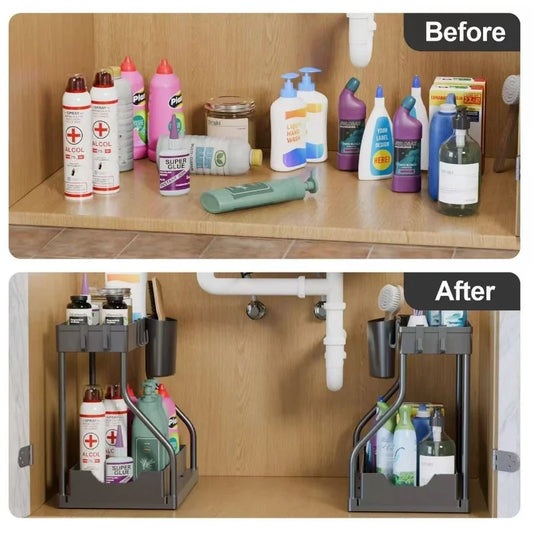 1Pc Under Sink 2 Tier Sliding Cabinet Basket Organizer Drawer Pull Out Cabinet Multi-Purpose Sink Organizer for Bathroom Kitchen