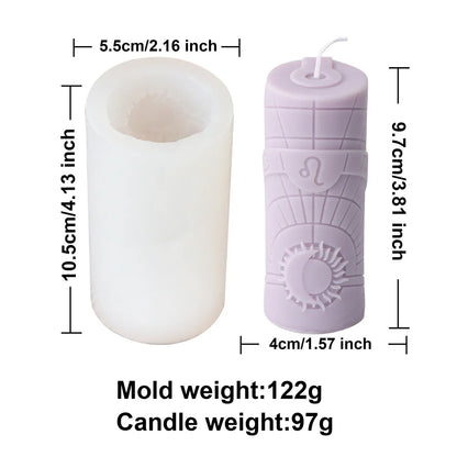 Zodiac Pillar Candle Mold DIY Twelve Constellation Tall Cylindrical Sun Luna Moon Pattern Silicone Mold Astrological Sign Decor