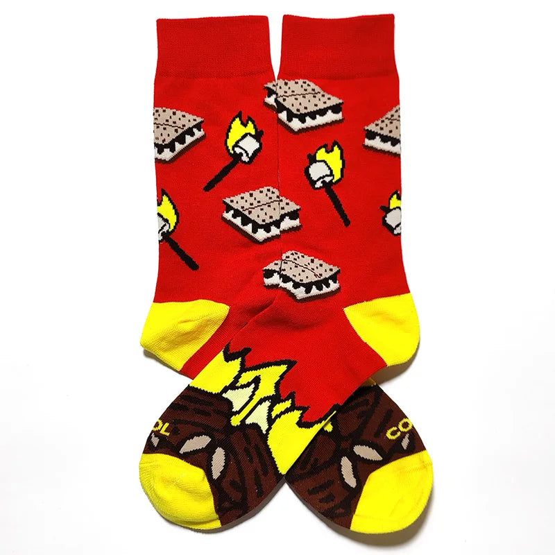 58 Style Food Theme Men Cartoon Socks Cotton Fruit Banana beer coffee bean doughnut sandwich hamburger sushi ice crea Long Socks