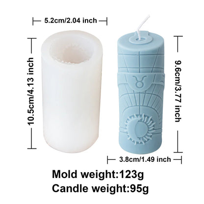 Zodiac Pillar Candle Mold DIY Twelve Constellation Tall Cylindrical Sun Luna Moon Pattern Silicone Mold Astrological Sign Decor