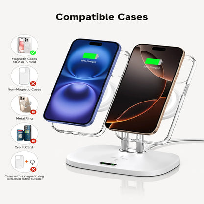 SwanScout 706M 3 In 1 Dual Magnetic Charging Station for iPhone 17 Pro Max 16 15 14 13 Wireless Charger for AirPods 4 3 Pro 3 2