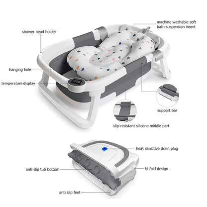 Eco-friendly Baby BathTub with Bath Cushion,Foldable Bathtub Portable with Temperature Indicator Infant Tub for 0-36 Months Baby
