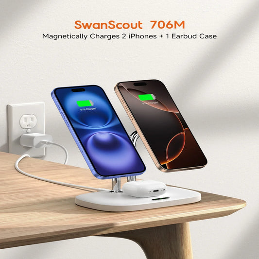 SwanScout 706M 3 In 1 Dual Magnetic Charging Station for iPhone 17 Pro Max 16 15 14 13 Wireless Charger for AirPods 4 3 Pro 3 2