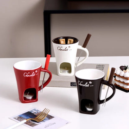 European Candle Cup Cheese Chocolate Melting Ceramic Mug Heating Food Ceramic Mug with Fork Creative Coffee Mug Tableware 130ML