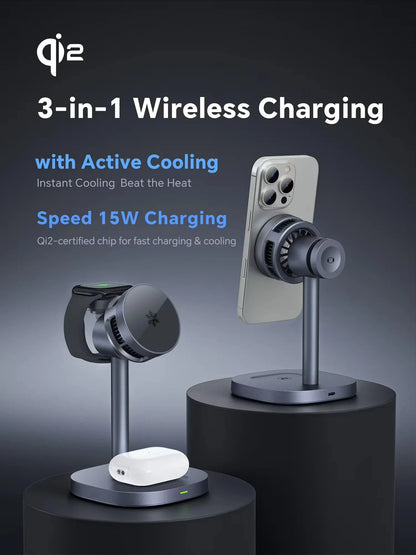 TEC Cooling Qi2 3 in 1 Magnetic  Wireless Charger Stand 15W Fast Charging for Iphone 16 15 14pro Max, Airpods,iwatch Series