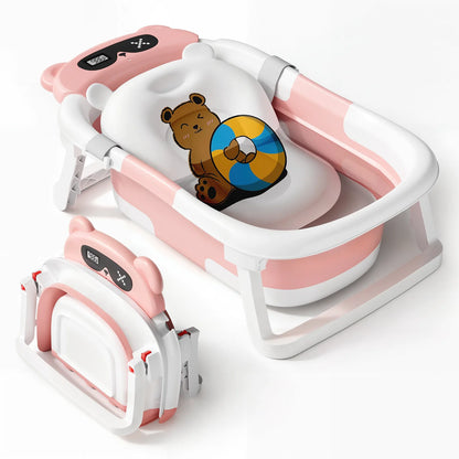 Baby Tub With Soft Cushion And Thermometer Foldable Baby Bathtub With Drain Hole Durable Foldable Baby Bath Tub Newborn To Toddl