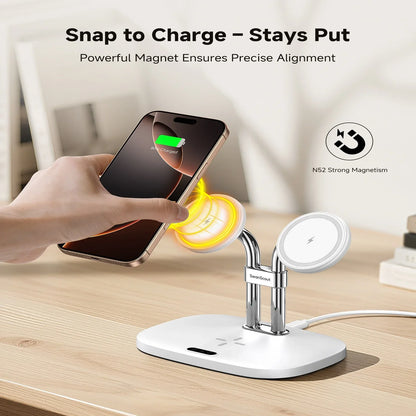 SwanScout 706M 3 In 1 Dual Magnetic Charging Station for iPhone 17 Pro Max 16 15 14 13 Wireless Charger for AirPods 4 3 Pro 3 2