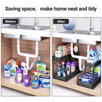1Pc Under Sink 2 Tier Sliding Cabinet Basket Organizer Drawer Pull Out Cabinet Multi-Purpose Sink Organizer for Bathroom Kitchen