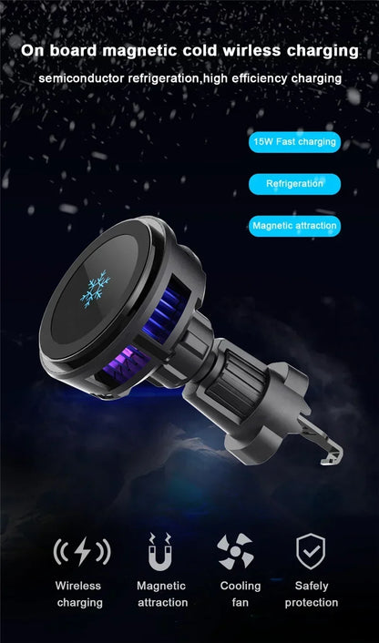ice Cooling Magnetic Wireless Car Charger Stand for iPhone 16 15 14 13 12 Pro Max MacSafe Car Phone Holder Fast Charging Station