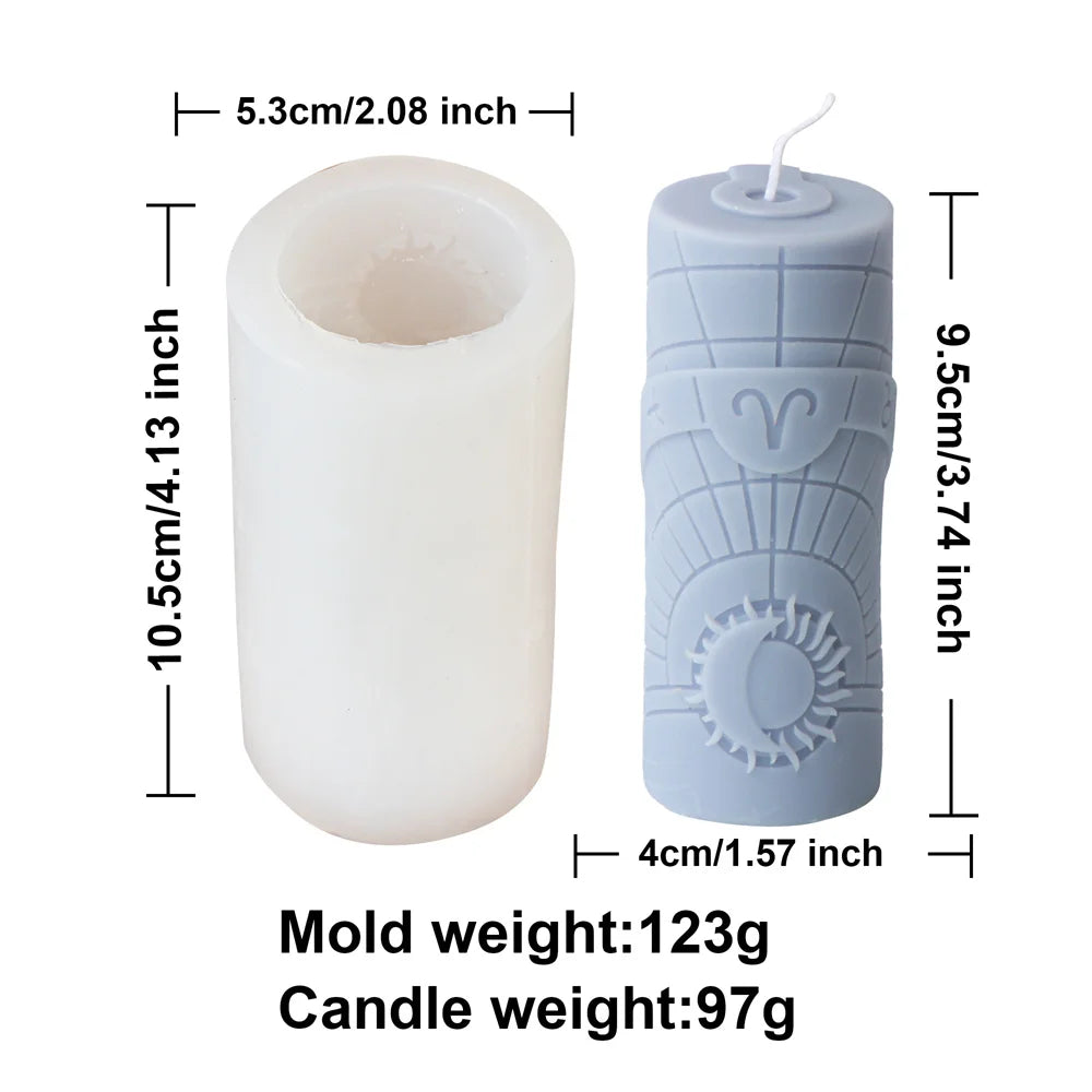 Zodiac Pillar Candle Mold DIY Twelve Constellation Tall Cylindrical Sun Luna Moon Pattern Silicone Mold Astrological Sign Decor