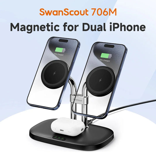 SwanScout 706M 3 In 1 Dual Magnetic Charging Station for iPhone 17 Pro Max 16 15 14 13 Wireless Charger for AirPods 4 3 Pro 3 2