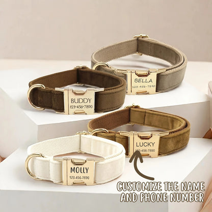 1pc Personalized Dog Collar Velvet, Engraving Custom Name Phone Number ID Tag, Soft Comfy Adjustable Collars For Small Medium La