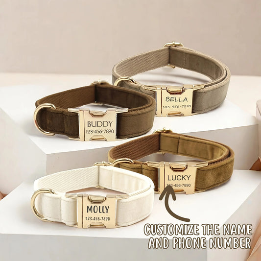 1pc Personalized Dog Collar Velvet, Engraving Custom Name Phone Number ID Tag, Soft Comfy Adjustable Collars For Small Medium La
