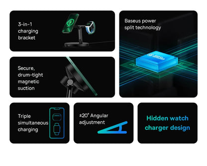 Baseus  3 in 1 20W Magnetic Wireless Charger Stand For Phone iPhone 15 14 Pro Airpods Apple Watch  Fast Charging Station Holder