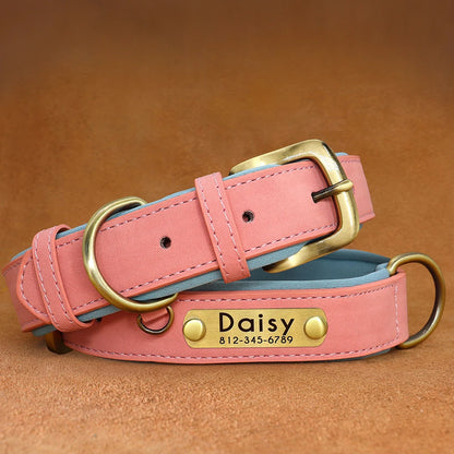 Customized PU Leather Nameplate Dog Collar Soft Padded Dogs Collars Free Engraving Name for Small Medium Large Dogs Adjustable