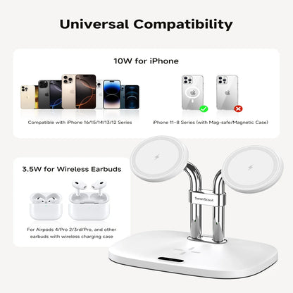 SwanScout 706M 3 In 1 Dual Magnetic Charging Station for iPhone 17 Pro Max 16 15 14 13 Wireless Charger for AirPods 4 3 Pro 3 2