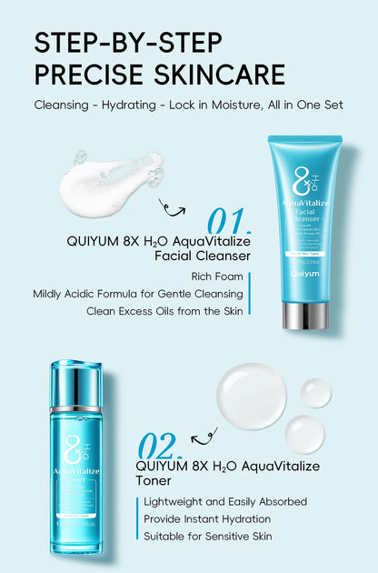 QUIYUM 8X H₂O AquaVitalize Skincare Set 5PCS Deep Hydration Kit Wrinkle Smoothing Tightening Treatment Gift Set