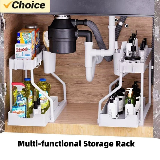1Pc Under Sink 2 Tier Sliding Cabinet Basket Organizer Drawer Pull Out Cabinet Multi-Purpose Sink Organizer for Bathroom Kitchen