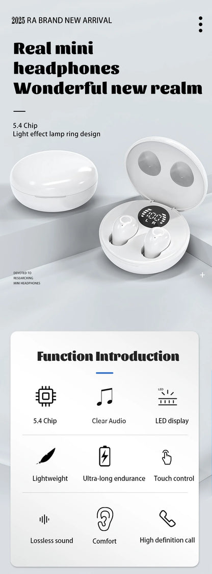 SK31 Mini Invisible Headphones Wireless Bluetooth 5.4 Headphones Bass Sleeping Headphones with Microphone Noise Cancellation HD