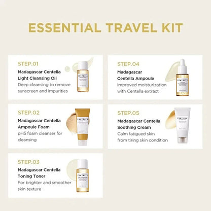 Korean Skin Care Centella Travel Kit Toner, Ampoule, Soothing Cream, Cleansing Oil, Foam, Basic Skincare Box 5pcs Set Gift Set
