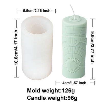 Zodiac Pillar Candle Mold DIY Twelve Constellation Tall Cylindrical Sun Luna Moon Pattern Silicone Mold Astrological Sign Decor