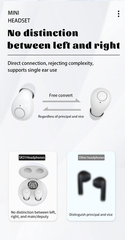 SK31 Mini Invisible Headphones Wireless Bluetooth 5.4 Headphones Bass Sleeping Headphones with Microphone Noise Cancellation HD
