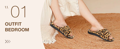 Litfun Women Fuzzy House Slippers Orthopedic Plush Slide With Arch Support Non-slip Furry Bedroom Slide Open Toe Fur House Shoes